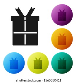 Black Gift box icon isolated on white background. Happy Birthday. Set icons colorful circle buttons. Vector Illustration