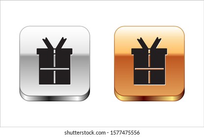 Black Gift box icon isolated on white background. Happy Birthday. Silver-gold square button. Vector Illustration