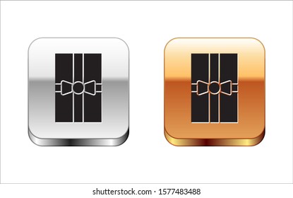 Black Gift box icon isolated on white background. Merry Christmas and Happy New Year. Silver-gold square button. Vector Illustration