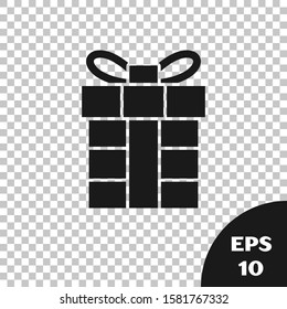 Black Gift box icon isolated on transparent background. Merry Christmas and Happy New Year.  Vector Illustration