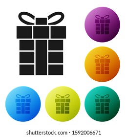 Black Gift box icon isolated on white background. Merry Christmas and Happy New Year. Set icons colorful circle buttons. Vector Illustration