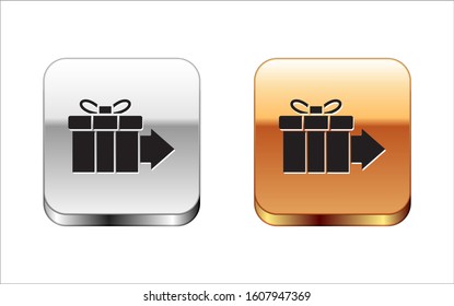 Black Gift box icon isolated on white background. Silver-gold square button. Vector Illustration