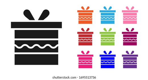 Black Gift box icon isolated on white background. Happy Birthday. Set icons colorful. Vector Illustration