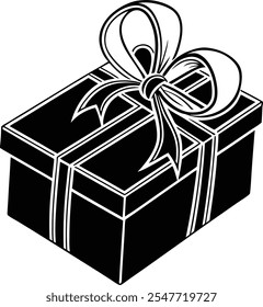 Black Gift Box Illustration with Ribbon Bow in Bold Minimalist Style