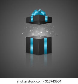 Black gift box with a magic effect and reflection. Vector EPS10 illustration.