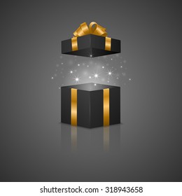 Black gift box with a magic effect and reflection. Vector EPS10 illustration.