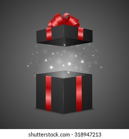 Black gift box with a magic effect. Vector EPS10 illustration.