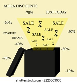 Una caja de regalo negra con tapa abierta, un resplandor y la venta de inscripciones, mega descuentos, marcas favoritas, sólo hoy y signos de interés
