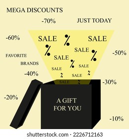 Una caja de regalo negra con tapa abierta, un resplandor y la venta de inscripciones, mega descuentos, marcas favoritas, sólo hoy y signos de interés