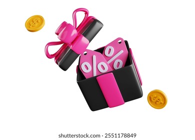 Black gift box, pink ribbon with discount coupon inside and dollar coin on the side. 3D rendering.