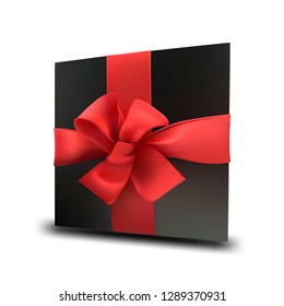 Black gift box (present) with red satin ribbon bow. Vector illustration.