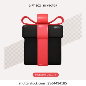 Black gift box with rad ribbon gift Bow. Perfect for Black Friday and Christmas. Vector Realistic Illustration