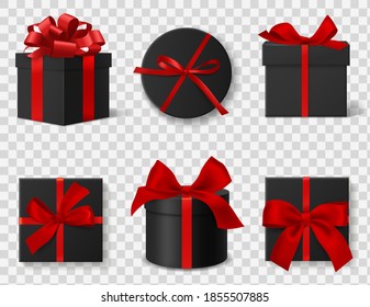 Black gift box. Realistic 3d luxury dark cardboard round and square boxes with red silk ribbons and bows, different angles side and top views. Black friday advertisement elements vector isolated set