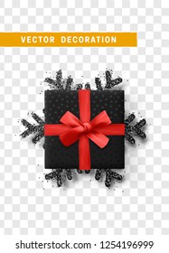 Black gift box realistic with a red ribbon bow, isolated on transparent background.
