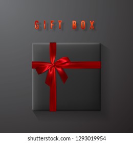 Black gift box with red bow and ribbon top view. Element for decoration gifts, greetings, holidays. Vector illustration.