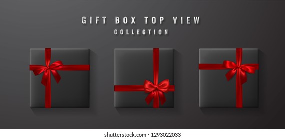 Black gift box with red bow and ribbon top view. Element for decoration gifts, greetings, holidays. Vector illustration.