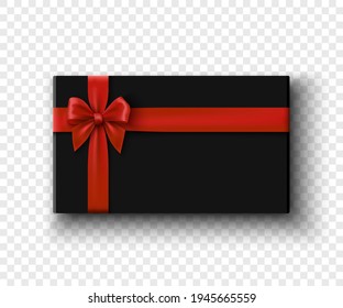 Schwarze Geschenkbox mit roter Schleife auf transparentem Hintergrund. Verpackung mit Band. Vektorgrafik.
