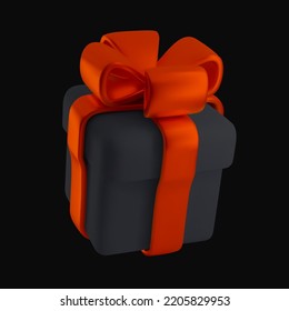 A black gift box with a red bow. A festive design element. The concept of shopping on Black Friday. Modern 3d illustration of the render.