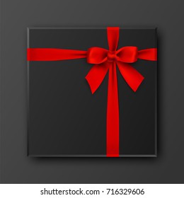 Black gift box with red bow and ribbon, vector illustration