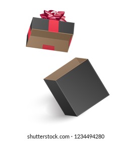 The Black gift box with Red gift ribbon, empty box with lid, vector illustration