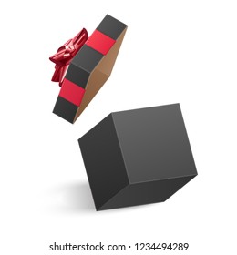 The Black gift box with Red gift ribbon, empty box with lid, vector illustration