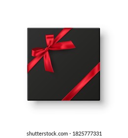 Black gift box with red ribbon. Elegant present with bow isolated on white background. Special offer vector illustration. Modern Christmas special gift package.