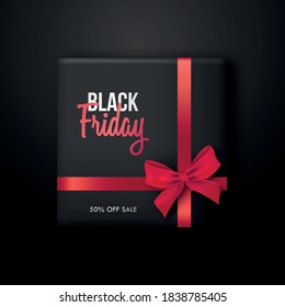 Black gift box with red ribbon for Black Friday Sale. Concept template for promo banners, flyers, brochures. Stock vector illustration.