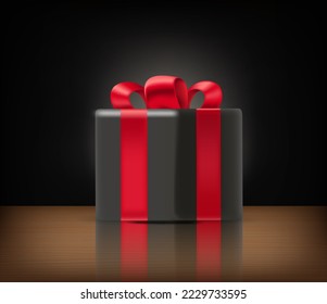 Black gift box with red ribbon and reflection on a table. 3d vector mockup