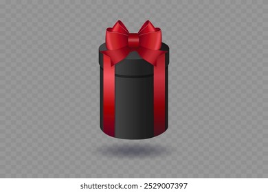 Black gift box with red ribbon and bow. On a transparent background.
