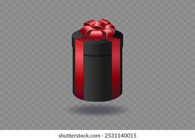 Black gift box with red ribbon and bow. On a transparent background.