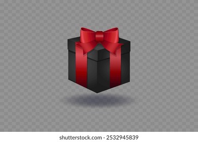 Black gift box with red ribbon and bow. On a transparent background.