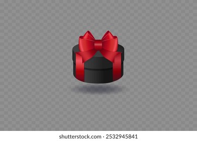 Black gift box with red ribbon and bow. On a transparent background.