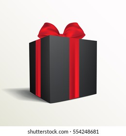 Black gift box with red ribbon and bow isolated on white background. Vector illustration.