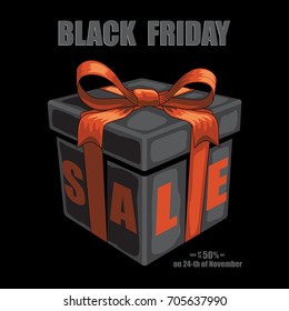 Black gift box with red ribbon and bow and Black Friday Sale text on black background. Vector black friday illustration.