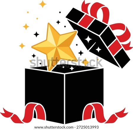 Black gift box with red ribbon, golden star surprise, celebration concept, festive sparkle, achievement reward, magical moment, holiday present, cartoon style, joyful icon, special occasion