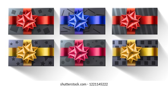 Black gift box Set with shiny ribbons, bow and abstract texture Vector festive illustration. Top view. Holiday decoration element. Birthday or anniversary present