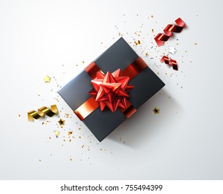 Black gift box with shiny red ribbons, bow and srewed confetti particles and stars. Vector festive illustration. Top view. Holiday decoration element. Birthday or anniversary present