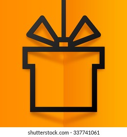 Black gift box silhouette vector frame with stylized bow at orange folded background