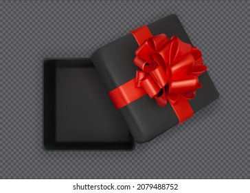 Black gift box top view. Mockup design with realistic empty open present and red bow. 3d illustration in flat lay, top view