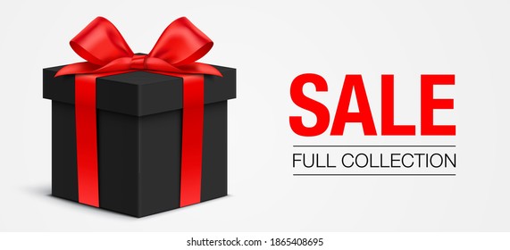 Black gift box, with two loop red ribbon, standing on the white background. Premium style card vector design, with present box, and copy space. Gift card, for fashion, jewelry, or luxury sale offer.