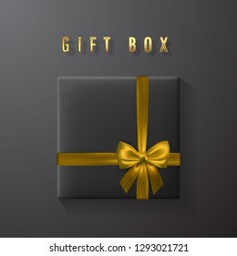Black gift box with white, silver bow and ribbon top view. Element for decoration gifts, greetings, holidays. Vector illustration.