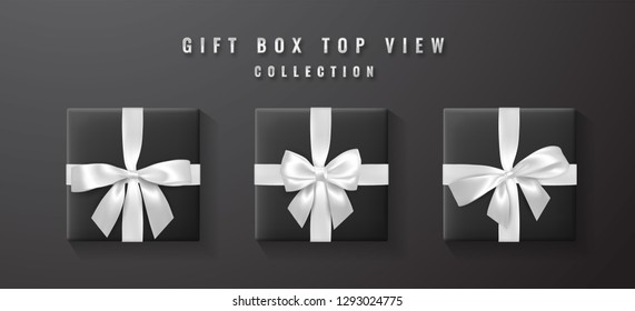 Black gift box with white, silver bow and ribbon top view. Element for decoration gifts, greetings, holidays. Vector illustration.