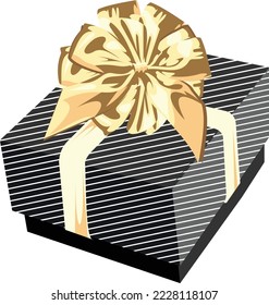 Caja de regalo negra con rayas blancas y decorada con un arco y cintas doradas