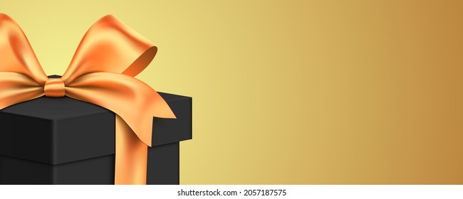 Black gift box wrapped with golden ribbon, standing on a gold gradient background. Luxurious giftbox banner design, with copy space.