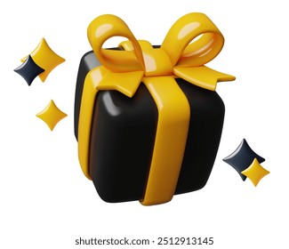 Black gift box with a yellow bow and sparkles 3d vector surprise and birthday present icon. Sale, giveaway concept cute three dimensional illustration.