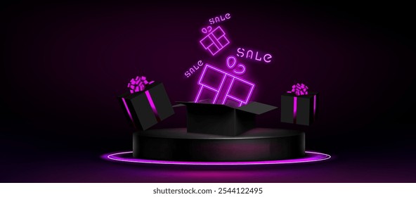 Black gift boxes decorated with purple ribbons float above round podium. Bright neon signs illuminate dark background, highlighting promotional sale text for special offers marketing presentations.