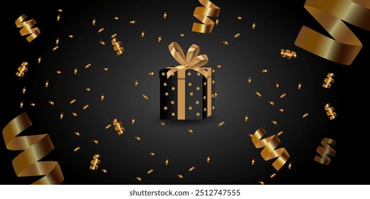 Black gift boxes with gold bows and confetti. EPS10 vector illustration
