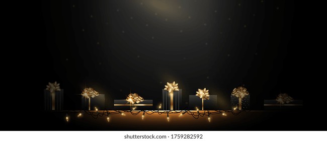 Black gift boxes and gold ribbon bows with confetti on a dark textured background, lined up in a row. Vector illustration, brilliant postcard