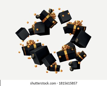 Black gift boxes levitate and fall. Holiday background with realistic gift box. 3d geometric cubes. vector illustration