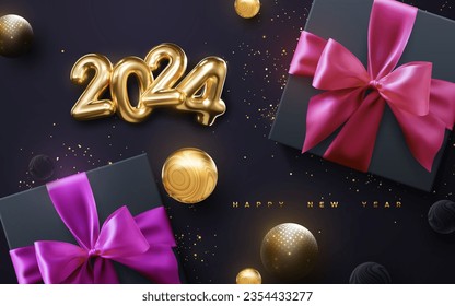 Black gift boxes with pink and purple bow and ribbon with golden glitters, glossy balls and golden 2024 numbers on black background. Happy New 2024 Year. Vector holiday illustration.